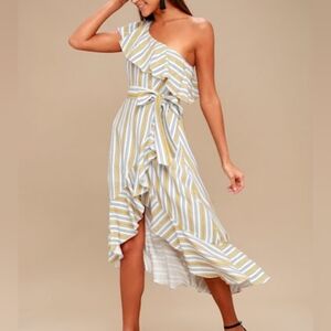 M Lulus High Tide Yellow Striped One Shoulder Midi Dress